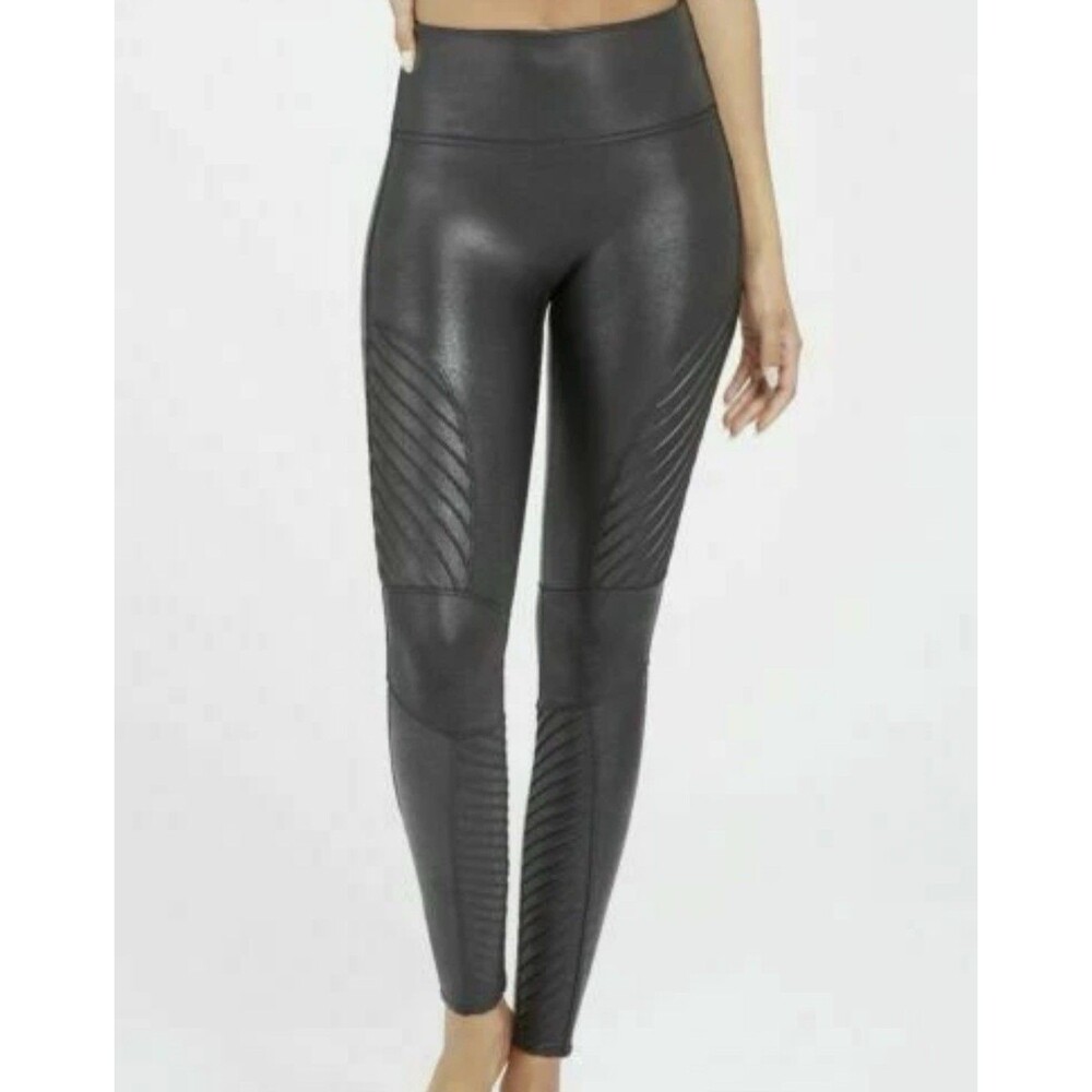 Spanx Leggings Size Large Petite Black Moto Faux Leather Stretch 20136Q